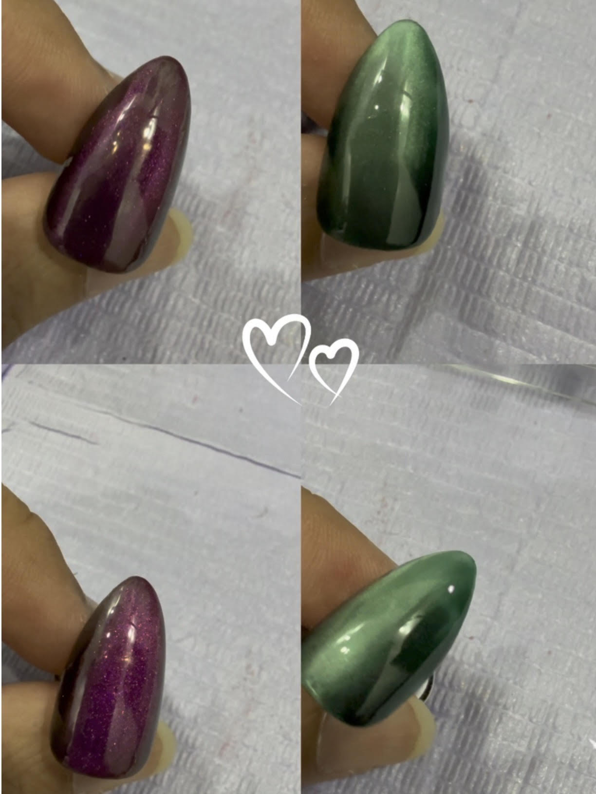 Cat eye nails in purple and green shades